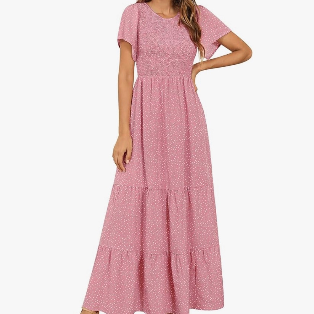 The Smocked Pink Polka Dot Maxi Dress